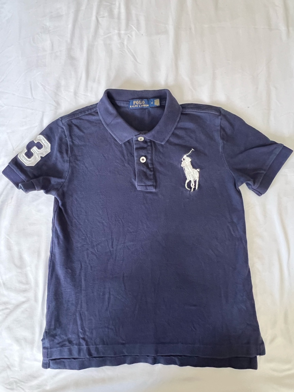 Kid’s Ralph Lauren Navy Large Polo with White Logo and Sleeve Number